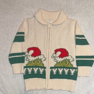 Cream & Green Holiday Grinch Zip Front Kids Sweater